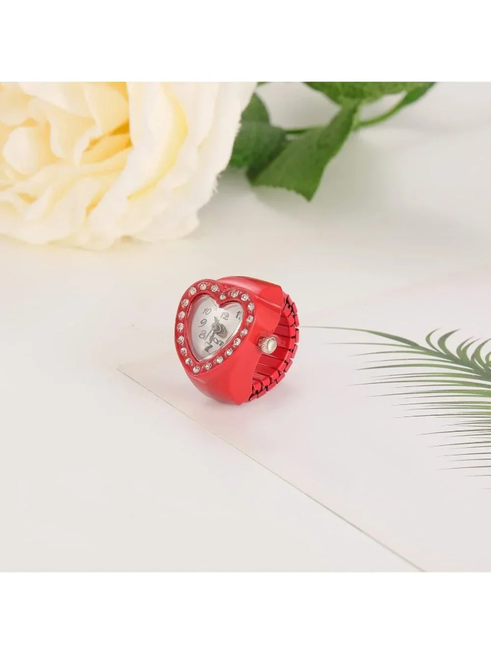 Unisex Red Analog Quartz Easy Read Adjustable Modern Heart Finger Ring Watch